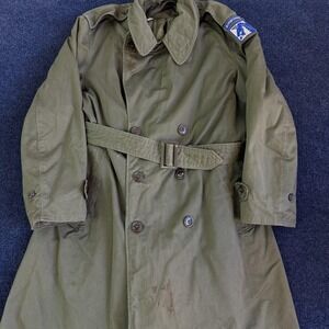Vintage Airborne Military Coat Mens Medium Green Cotton Belted Trench Army